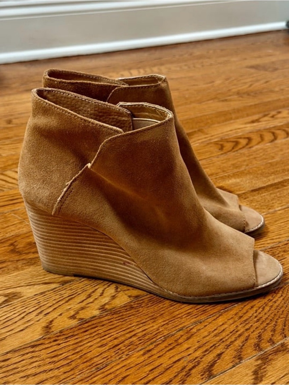 Lucky Brand Tan Suede Peep-Toe Wedge Booties